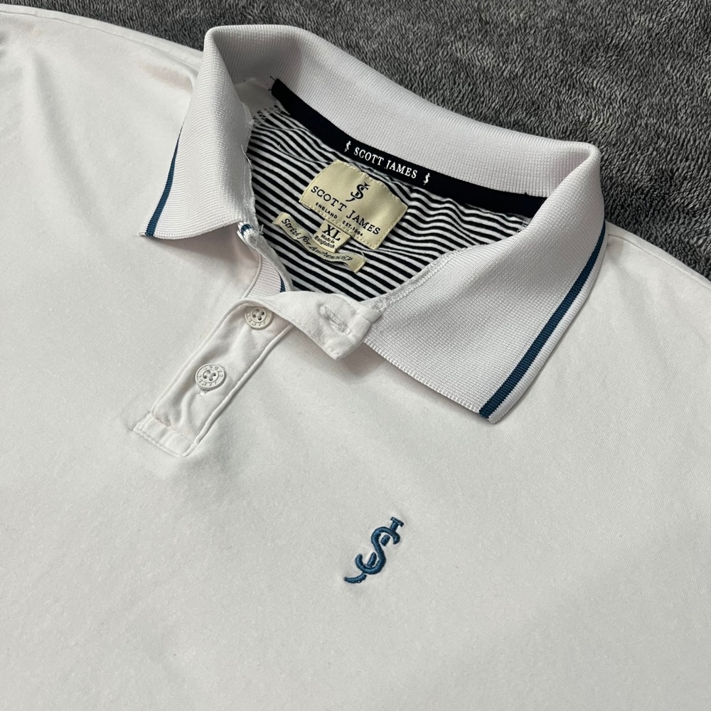 Scott James Mens‎ XL White Short Sleeve Polo Shirt Navy Tipped Trim Logo Cotton